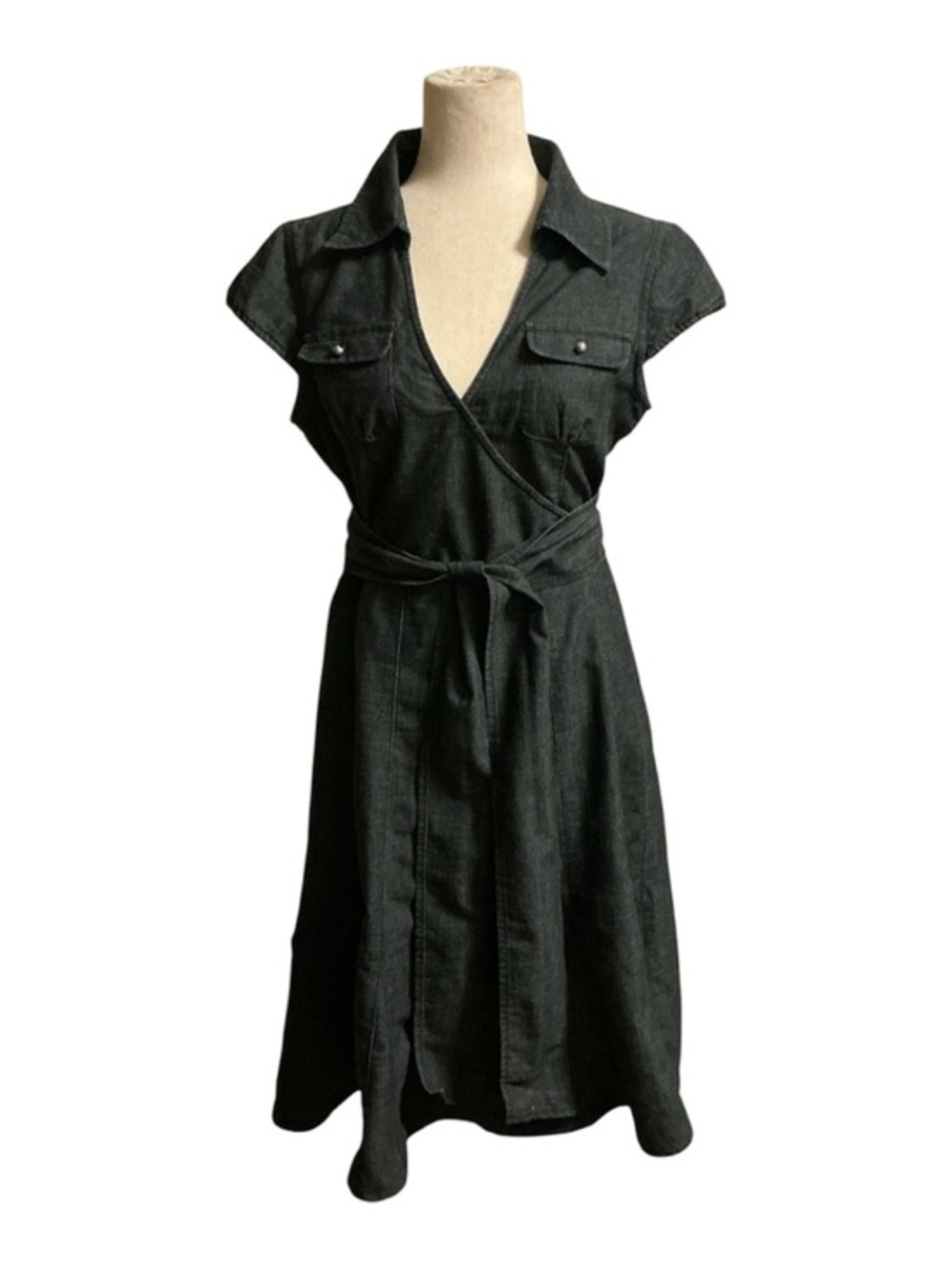 American Rag Cie Black Denim Wrap Midi Dress Collared Cap Sleeve Tie Waist M